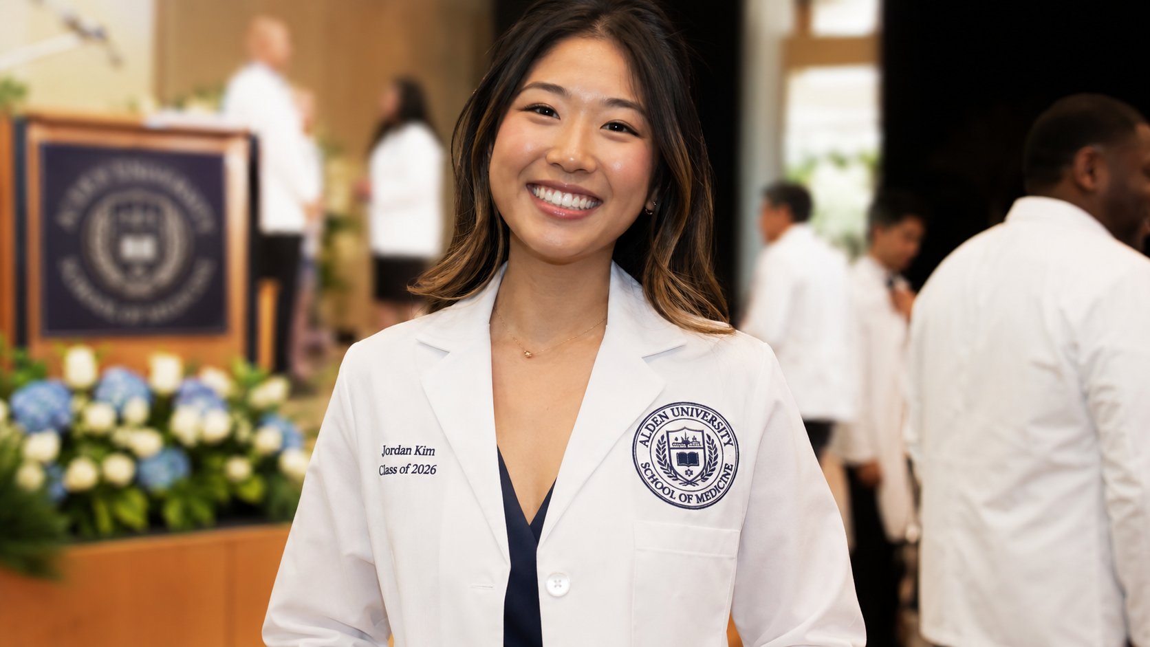 Embroidered student lab coat with medical school crest for a white coat ceremony