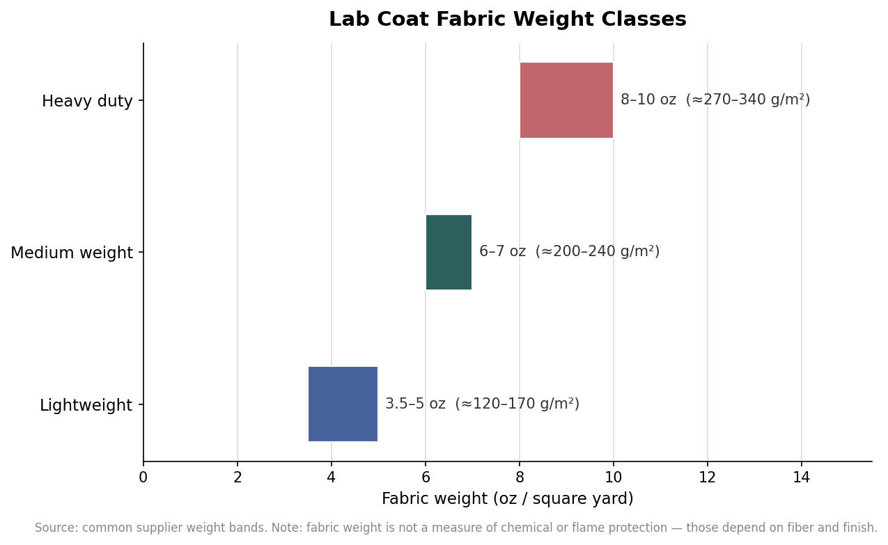 Horizontal range chart of lab coat fabric weight classes in ounces per square yard with gram-per-square-meter equivalents